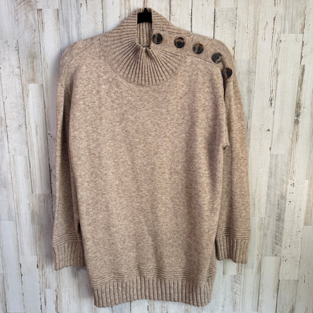 Anthropologie Sweater Womens S Tan Button Shoulder Mock Neck Boho Quiet Luxury